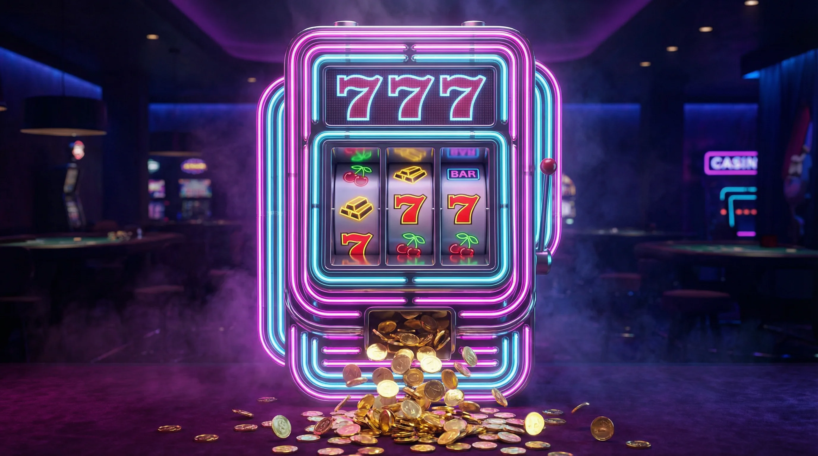 Tragamonedas con luces de neón brillantes y símbolos de casino